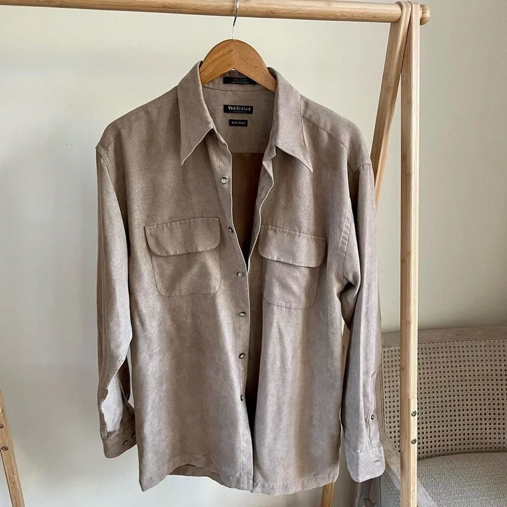 Vintage Faux Suede Button Up Collared Shirt Jacket in Sand - Picture 2 of 4